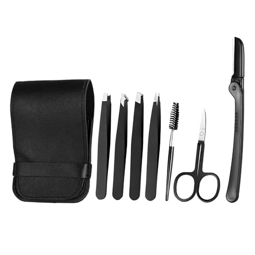 7 Stück Pinzette Set Edelstahl - Augenbrauenpinzette Set Schere Pinzette, gerade schräge spitze Zupfpinzette Splitterpinzette Spitzpinzette für Frauen und Männer(Schwarz) von AUTUUCKEE