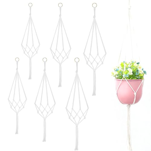 AUTUUCKEE 6 Stück Makramee Blumenampel, Blumenampeln Zum Aufhängen, Baumwollseil Hängeampel, Hängetopf für Pflanzen, Blumenampel für Innen, Außen, Garten, Balkon, Wohnzimmer (3 Größen)(Weiß) von AUTUUCKEE