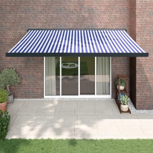 Home Outdoor OthersVersenkbare Markise, 4,5 x 3 m, Stoff und Aluminium, Blau und Weiß von AUUIJKJF