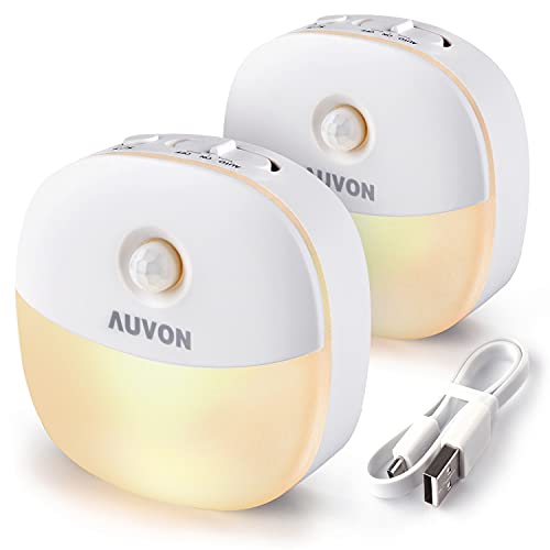 AUVON LED Nachtlicht mit Bewegungsmelder, Aufladbar USB Nachtlicht Kinder mit 3 Modi (Auto/ON/OFF), Warmes weißes Nachtlampe für Kinderzimmer, Schlafzimmer, Badezimmer, Gang [2 Stück] von AUVON