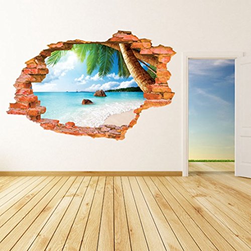 AUVS® 3D- Selbstklebende Abnehmbaren Durchbrechen Die Mauer Vinyl Wandsticker / Wandgemälde Kunst Aufkleber Dekorateur (8001F Kokosnuss Meeresstrand (60 * 90cm)) von AUVS