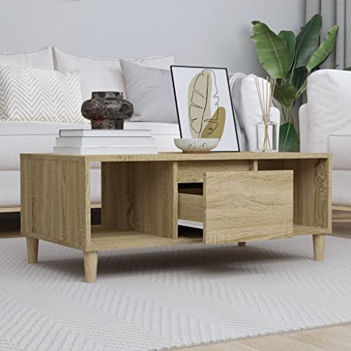 AUVYI Couchtisch mit Schublade Sonoma-Eiche 90x50x36,5 cm Holzwerkstoff&Eukalyptus Schränkchen mit Schubladen Sofatisch Holz Wohnzimmertisch Beistelltisch Chautschtisch von AUVYI