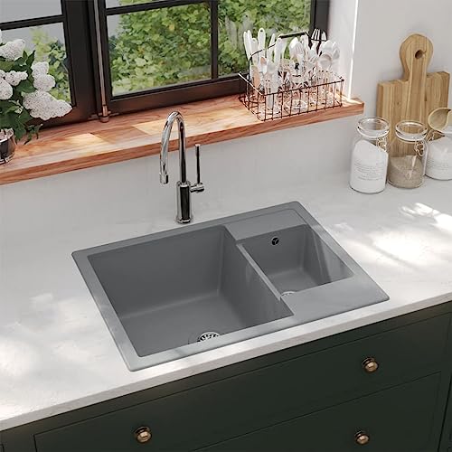 AUVYI Küchenspüle mit Überlauf Doppelbecken Grau Granit 58x44x17,2cm Spüle Waschbecken Küchenarbeitsplatte Arbeitsplatte Küche Kitchen Sink Küchenspülen Ausgussbecken von AUVYI