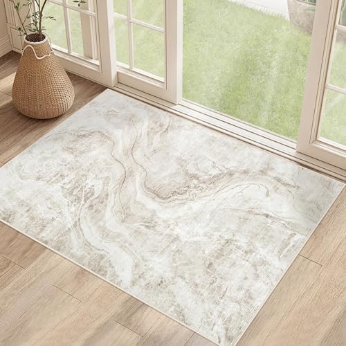 AUWUUA 100 x 120 cm Teppiche für den Eingangsbereich, Moderne rutschfeste Fußmatte mit Marmorstruktur, waschbarer weicher Schlafzimmerteppich, Abstrakter Teppich für die Küche, Beige von AUWUUA