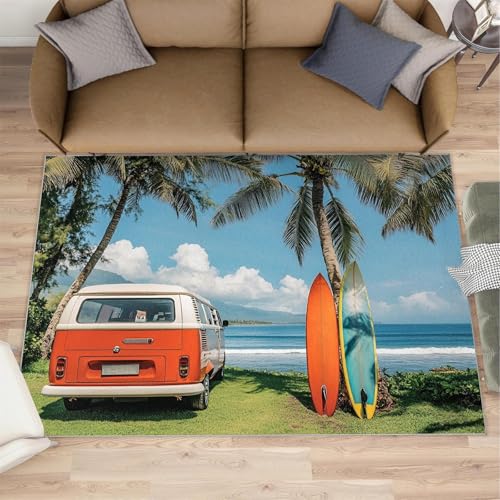 AUWUUA 100 x 150 cm Teppiche, Sommerwellen, Tropische Palmen, Surfer, Wohnmobil, Surfbrett, Überwurfteppiche für Eingangsbereich, Badezimmer, Retro-Akzentteppich für Wohnzimmer, Schlafzimmer, Flur von AUWUUA