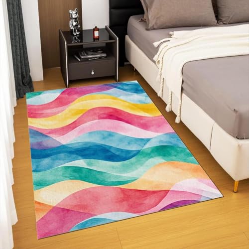 AUWUUA Abstrakt gestreifte Teppiche für Schlafzimmer, 150 x 180 cm, Rot Grün Blau, Läufer für Flure, waschbarer niedrigfloriger weicher Rutschfester Bodenteppich für Küche, Badezimmer, Kinderzimmer von AUWUUA