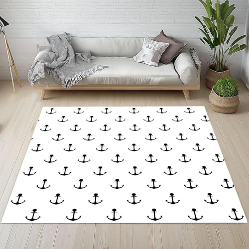 AUWUUA Anker Maritime Teppich Wohnzimmer Schlafzimmer 200x250cm Nautische Abenteuer Teppiche Kurzflor, Abstrakt Teppich Waschbar in Waschmaschine Weiß Schwarz Badematte für Esszimmer Heimbüro von AUWUUA