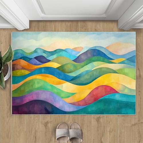 AUWUUA Aquarell-Bergteppich für den Eingangsbereich, 160 x 200 cm, Bunte abstrakte Kunst, natürliche Landschaft, Rutschfester Teppich für Wohnzimmer, Schlafzimmer, Küche, Badezimmer, Fußmatte von AUWUUA