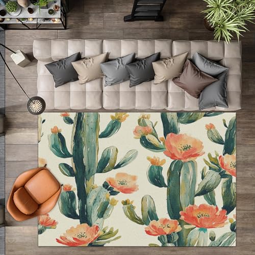 AUWUUA Aquarell-Blumen-Kaktus-Teppich für Schlafzimmer, 50 x 80 cm, Cartoon-Muster, waschbar, Pflanzen-Fußmatte, Rutschfester Läuferteppich für Flur, Küche, Badezimmer, Kinderspielzimmer von AUWUUA