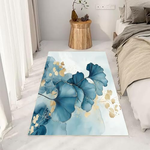 AUWUUA Blau Aquarell Goldfolie Ginkgoblätter Teppich Schlafzimmer 40x60cm Retro Anlage Blatt Blumen Teppich Wohnzimmer, Waschbarer Kurzflor Rutschfester Teppichläufer für Flure, Küche, Esszimmer von AUWUUA
