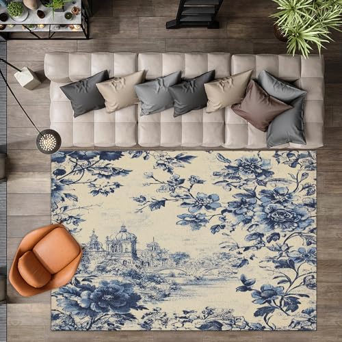AUWUUA Blauer Teppich mit klassischen Blumen, 120 x 210 cm, für Wohnzimmer, Toile de Jouy, Vintage, französischer Landhausstil, waschbarer Teppich für Schlafzimmer, Rutschfester Teppiche von AUWUUA