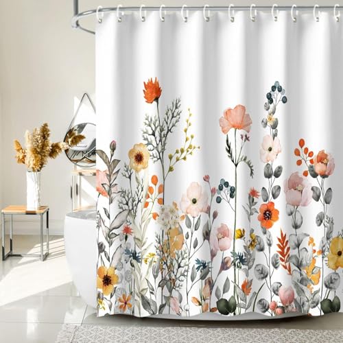 AUWUUA Bunter Duschvorhang mit Wildblumen-Blumenmuster für Badezimmer (180 x 213 cm), weißer Stoff-Duschvorhang, wasserdichtes Polyester, Badezimmervorhang mit Aquarellblatt-Aufdruck von AUWUUA