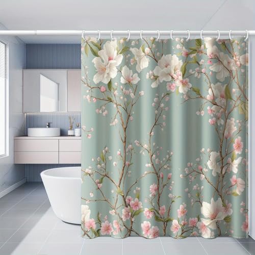 AUWUUA Duschvorhang mit Blumenmuster, Seegrün, 138 x 199 cm, rustikaler Pfirsichblütenzweig, Bedruckt, ästhetischer, wasserdichter Stoff, Badezimmerdekor, Vorhänge mit Haken, für Mädchen und Frauen AUWUUA Duschvorhang mit Blumenmuster, Seegrün, 138 x 199 cm, rustikaler Pfirsichblütenzweig, Bedruckt, ästhetischer, wasserdichter Stoff, Badezimmerdekor, Vorhänge mit Haken, für Mädchen und Frauen von AUWUUA