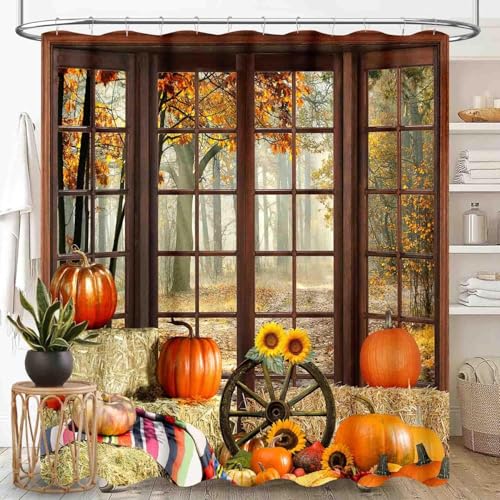 AUWUUA Duschvorhang mit Herbsternte und Thanksgiving-Motiv, 100 x 210 cm, Herbstkürbisse, Ahornblätter, Badezimmervorhang, Bauernhausstil, braunes Holzfenster, wasserdichtes Polyestergewebe AUWUUA Duschvorhang mit Herbsternte und Thanksgiving-Motiv, 100 x 210 cm, Herbstkürbisse, Ahornblätter, Badezimmervorhang, Bauernhausstil, braunes Holzfenster, wasserdichtes Polyestergewebe von AUWUUA
