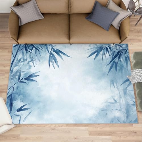 AUWUUA Einfache Bambusblätter-Teppiche für Wohnzimmer und Schlafzimmer, Blaue, botanische Frühlings-Fußmatte für den Innenbereich, 210 x 270 cm, pastoraler Chic, Rutschfester, waschbarer Teppich von AUWUUA