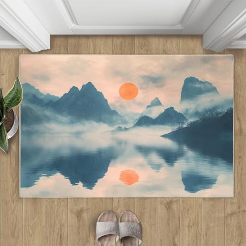AUWUUA Fußmatte mit Sonnen- und Berglandschaft, 40 x 100 cm, waschbar, Ozean-Sonnenuntergang, orientalische Bodenmatte Rutschfester Blauer Aquarell-Teppich für Schlafzimmer und Badezimmer von AUWUUA