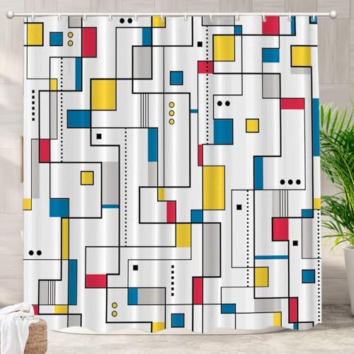 AUWUUA Gelb-Grauer geometrischer Duschvorhang, 80 x 150 cm, Schwarz-Weiß, modern, abstrakt, minimalistisch, zeitgenössische Kunstelemente, Stall-Badezimmervorhang, wasserdichter Polyesterstoff AUWUUA Gelb-Grauer geometrischer Duschvorhang, 80 x 150 cm, Schwarz-Weiß, modern, abstrakt, minimalistisch, zeitgenössische Kunstelemente, Stall-Badezimmervorhang, wasserdichter Polyesterstoff von AUWUUA