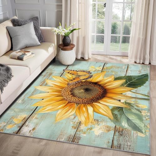 AUWUUA Gelb Sonnenblumen Teppich Wohnzimme 50x80cm Vintage Holzmaserung Blumen Rustikal Deko Teppich Kurzflor Schlafzimmer, Waschbare rutschfest Fußmatte für Flur Küche Esszimmer Badezimmer AUWUUA Gelb Sonnenblumen Teppich Wohnzimme 50x80cm Vintage Holzmaserung Blumen Rustikal Deko Teppich Kurzflor Schlafzimmer, Waschbare rutschfest Fußmatte für Flur Küche Esszimmer Badezimmer von AUWUUA