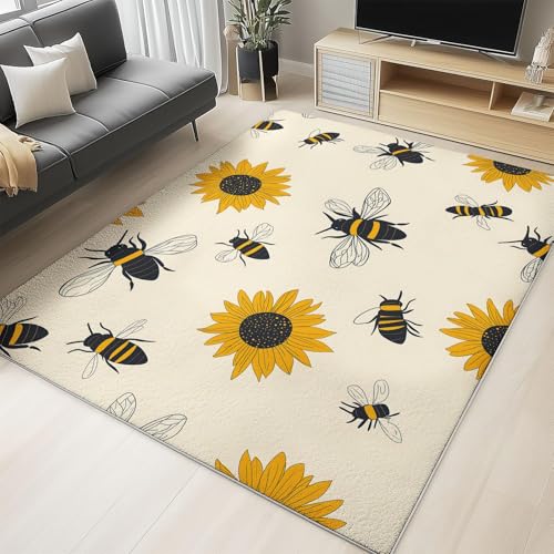 AUWUUA Gelber Teppich mit Sonnenblumen- und Bienenmotiv, 180 x 250 cm, minimalistischer Landhaus-Teppich, waschbar, rutschfest, Blumenmuster, für Kinderzimmer, Wohnzimmer, Schlafzimmer AUWUUA Gelber Teppich mit Sonnenblumen- und Bienenmotiv, 180 x 250 cm, minimalistischer Landhaus-Teppich, waschbar, rutschfest, Blumenmuster, für Kinderzimmer, Wohnzimmer, Schlafzimmer von AUWUUA