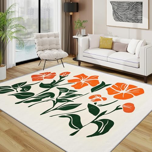 AUWUUA Grün Orange Blumen Teppich Schlafzimmer Waschbarer 60x110cm Modern Minimalismus Aquarell Geblümt Pflanzen Teppich Wohnzimmer, Boho Weich rutschfest Böden Dekor für Esszimmer Küche Heimbüro von AUWUUA