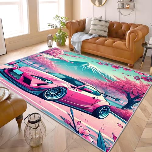 AUWUUA JDM-Autoteppiche für das Schlafzimmer von Teenagern, Mädchen und Jungen, 50 x 80 cm, rosa Rennauto, japanische Kirschblüten, Mount Fuji, dekorativer Teppich für Eingangsbereich, Nachttisch von AUWUUA
