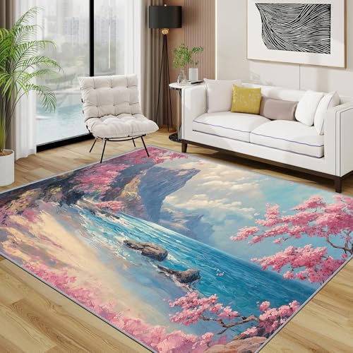 AUWUUA Japanisch Teppich Waschbar 200x290cm Kirschblüten Natur Landschaft Teppiche Schlafzimmer, Küste Ozean Berg Wohnzimmerteppich, rutschfeste Bodenmatte für Esszimmer Heimbüro Deko von AUWUUA