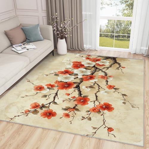 AUWUUA Kirschblüten-Teppich für Schlafzimmer, 230 x 250 cm, Vintage-Sakura, waschbarer japanischer Flächenteppich, weicher, Rutschfester Blumenteppich im asiatischen Stil für Wohnzimmer AUWUUA Kirschblüten-Teppich für Schlafzimmer, 230 x 250 cm, Vintage-Sakura, waschbarer japanischer Flächenteppich, weicher, Rutschfester Blumenteppich im asiatischen Stil für Wohnzimmer von AUWUUA