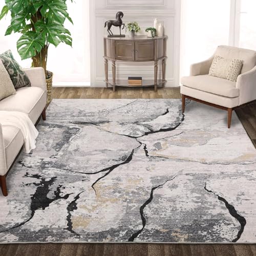 AUWUUA Läuferteppich für Flur, abstraktes dunkelgrau-schwarzes Design mit rissigem Stein, 50 x 140 cm, waschbarer Teppich für Wohnzimmer und Schlafzimmer, ultradünner Rutschfester weicher Teppiche von AUWUUA