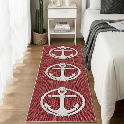 AUWUUA Läuferteppich für den Flur mit Ankermotiv, nautisch, 70 x 140 cm, rot, maschinenwaschbar, rutschfest, weich, kurzflorig, Akzent-Bodenteppich für Schlafzimmer, Küche, Eingangsbereich, Fußmatte AUWUUA Läuferteppich für den Flur mit Ankermotiv, nautisch, 70 x 140 cm, rot, maschinenwaschbar, rutschfest, weich, kurzflorig, Akzent-Bodenteppich für Schlafzimmer, Küche, Eingangsbereich, Fußmatte von AUWUUA