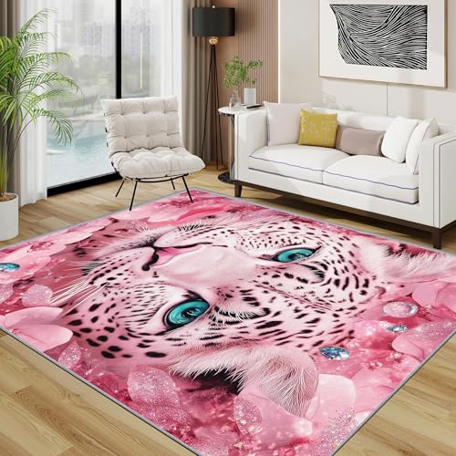 AUWUUA Leopard Teppich Tiere 40x60cm Rosa Waschbar Blumen Teppich Läufer Flur, rutschfeste Fußmatten für Schlafzimmer Mädchen Kinderzimmer Spielzimmer, Küche Dekor von AUWUUA