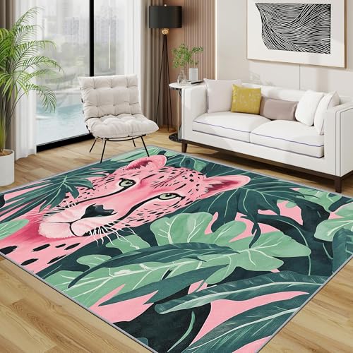 AUWUUA Leopard Teppich Wohnzimmer 230x250cm Rosa Grün Boho Tropisch Blatt Pflanzen Tigerteppich, Waschbarer rutschfest Kurzflor Teppiche Schlafzimmer, Jugendzimmer von AUWUUA