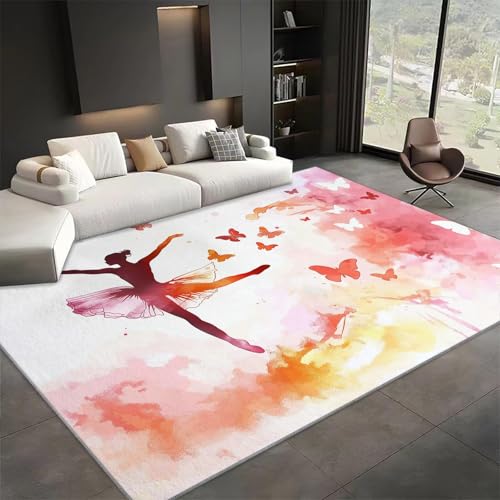 AUWUUA Malerei Aquarell Ballerina-Mädchen Teppich Schlafzimmer 60x90cm Rosa Moderne Waschbarer Kurzflor rutschfest Teppich für Kinderzimmer Wohnzimmer, Sofa Tisch, Büro, Türmatte Innen von AUWUUA