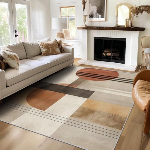 AUWUUA Mid-Century Modern Teppich, 150 x 210 cm, braun, waschbar, geometrische Teppiche für Wohnzimmer, abstraktes minimalistisches Muster, Teppich für Schlafzimmer, Badezimmer von AUWUUA