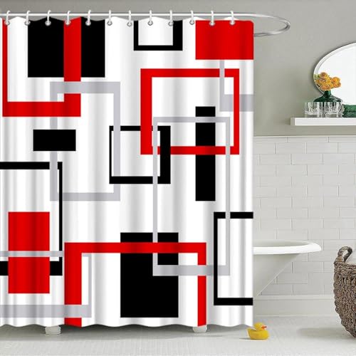 AUWUUA Rot-Schwarzer geometrischer Duschvorhang für das Badezimmer, 80 x 200 cm, modernes abstraktes geometrisches Kreuzkaro, wasserdichtes Duschvorhang-Set aus Polyestergewebe mit Haken von AUWUUA