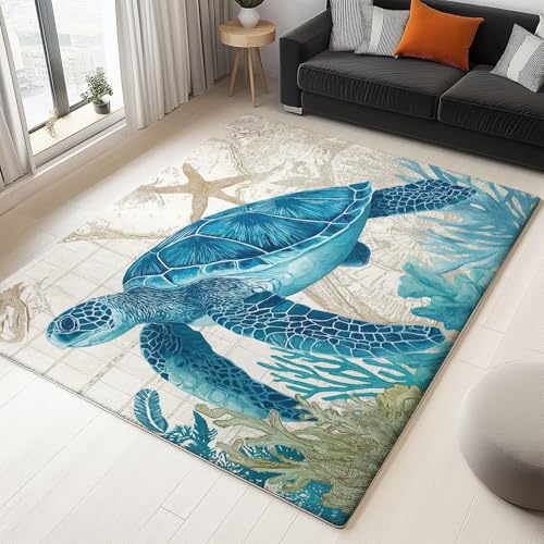 AUWUUA Schildkröte Teppich Kinderzimmer 120x120cm Blau Grün Teppich Mit Meerestieren Korallen, Waschbar rutschfest Badematte, Weich Kurzflor Teppiche Dekoration Spielzimmer Schlafzimmer Wohnzimmer von AUWUUA