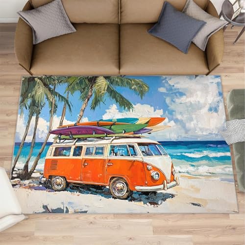 AUWUUA Sommer-Strandbus-Schlafzimmerteppiche, 60 x 120 cm, Strandurlaub, Surfen, Tropische Palmen, Teppich, ultradünn, maschinenwaschbar, rutschfeste Fußmatte für Eingangsbereich, Wohnzimmer von AUWUUA