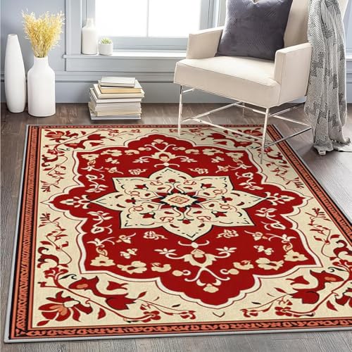 AUWUUA Teppich Quadratisch 150x250cm Orientalisch Vintage Teppich Ethnogeometrie, Teppiche Kurzflor, Waschbar rutschfest Tradition Teppiche Gegend für Schlafzimmer Esszimmer Küche Flur Fußmatte, Rot von AUWUUA
