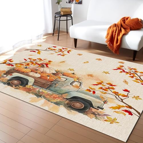 AUWUUA Teppich Wohnzimmer Thanksgiving 60x120cm Herbst-Kürbis-Truck Teppich Schlafzimmer, Rustikale Bauernhaus Scheune Herbstblätter Küche Teppiche, Moderne Waschbarer rutschfest Fussmatte Carpet von AUWUUA