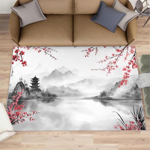 AUWUUA Teppich mit Berglandschaft, 70 x 140 cm, rote Pflaumenblüten-Teppiche für den Eingangsbereich, Japanisches orientalisches, waschbares Vintage-Gemälde für Küche, Flur, Badezimmer von AUWUUA