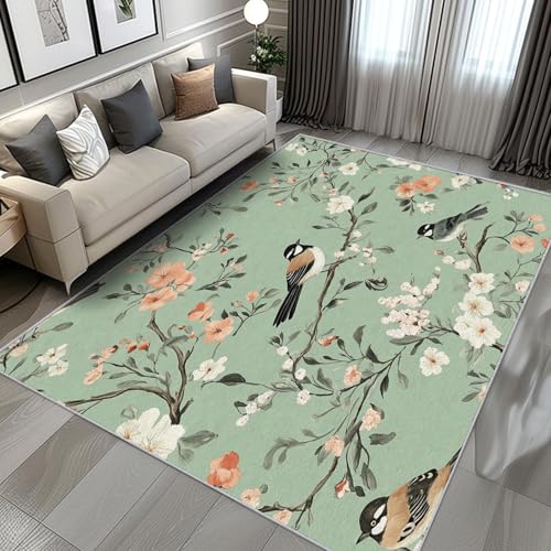 AUWUUA Teppich mit Blumen und Vögeln, 160 x 220 cm, Salbeigrün, Vintage-Zweig, Kunstdruck-Design, rutschfest, waschbar, Landhausstil, botanischer Blumenteppich für Schlafzimmer, Wohnzimmer von AUWUUA