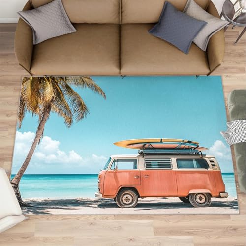AUWUUA Teppich mit Küsten-, Strand- und Palmenmuster für Wohnzimmer, Schlafzimmer, 180 x 240 cm, Vintage-Auto, waschbar, abstrakt, weich, rutschfest, für Arbeitszimmer, Kinderzimmer, Badezimmer von AUWUUA