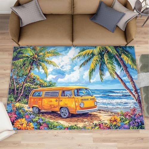 AUWUUA Teppich mit Tourbus, Strand, Palmen und Blumen, für Jungen und Mädchen, Schlafzimmer, 180 x 270 cm, Retro-Auto am Meer, ultradünn, waschbar, rutschfest, für Kinderzimmer, Spielzimmer AUWUUA Teppich mit Tourbus, Strand, Palmen und Blumen, für Jungen und Mädchen, Schlafzimmer, 180 x 270 cm, Retro-Auto am Meer, ultradünn, waschbar, rutschfest, für Kinderzimmer, Spielzimmer von AUWUUA