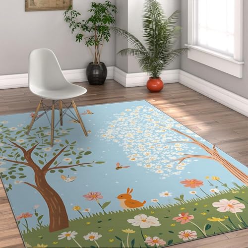 AUWUUA Teppiche für Kinderzimmer mit Frühlings-Cartoon-Garten, Blumen und Kaninchen, 70 x 120 cm, blühende Blumen, Bunte Bäume, süßer Tierteppich für Kinderzimmer, Küche, Flur, Rutschfester Teppich AUWUUA Teppiche für Kinderzimmer mit Frühlings-Cartoon-Garten, Blumen und Kaninchen, 70 x 120 cm, blühende Blumen, Bunte Bäume, süßer Tierteppich für Kinderzimmer, Küche, Flur, Rutschfester Teppich von AUWUUA
