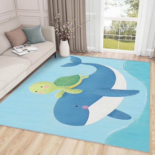 AUWUUA Wal-Teppich fürs Kinderzimmer, süßer Cartoon-Teppich mit Meerestieren, 60 x 150 cm, Meeresschildkröte und Wal, für Kinder, Jungen und Mädchen, Schlafzimmer, waschbare, rutschfeste Fußmatte von AUWUUA