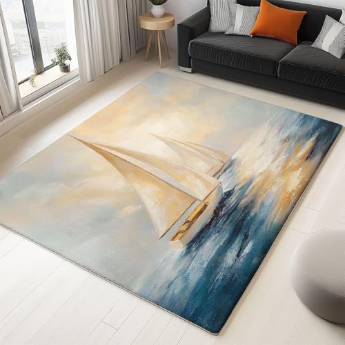 AUWUUA Waschbar rutschfest Wohnzimmer 240x300cm Blaugrau Vintage Ölgemälde Segelboot Muster Gegend Teppiche für Schlafzimmer Esszimmer Kinderzimmer Heimbüro Dekoration von AUWUUA