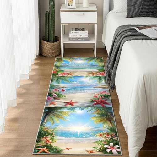 AUWUUA Waschbarer Schlafzimmerteppich mit Sommermotiv, Ozean, Strand, Palmenblätter, 120 x 180 cm, Blumen, Seesterne, tropisches Hawaii, Meeresküste, Urlaub, dekorativ für Flur und Küche AUWUUA Waschbarer Schlafzimmerteppich mit Sommermotiv, Ozean, Strand, Palmenblätter, 120 x 180 cm, Blumen, Seesterne, tropisches Hawaii, Meeresküste, Urlaub, dekorativ für Flur und Küche von AUWUUA