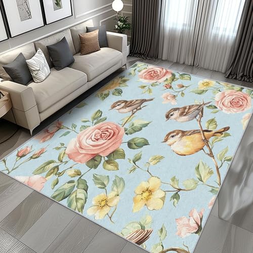 AUWUUA Waschbarer Teppich mit rosa Rosen und Blumenmuster für Wohnzimmer, 60 x 120 cm, blau, Vintage-Stil, Blumen, Blätter und Vögel, Rutschfester Teppich für Esszimmer, Schlafzimmer, Küche AUWUUA Waschbarer Teppich mit rosa Rosen und Blumenmuster für Wohnzimmer, 60 x 120 cm, blau, Vintage-Stil, Blumen, Blätter und Vögel, Rutschfester Teppich für Esszimmer, Schlafzimmer, Küche von AUWUUA