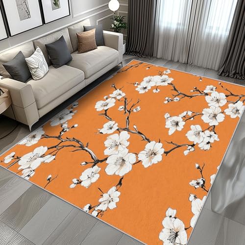 AUWUUA Weißer Kirschblüten-Teppich, 120 x 170 cm, Eingangsteppich mit orange-gelbem Hintergrund, waschbarer Blumenzweig-Teppich für Mädchen, Wohnzimmerteppiche im Chinoiserie-Chic-Stil von AUWUUA