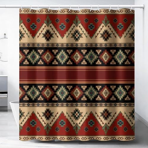 AUWUUA Western-Azteken-Duschvorhang, 280 x 200 cm, Retro-Badezimmervorhänge im südwestlichen geometrischen Stil, Indianer-Ethno-Stammes-Boho-Stil, rot-brauner Stoff, Badezimmerdekor mit Haken von AUWUUA