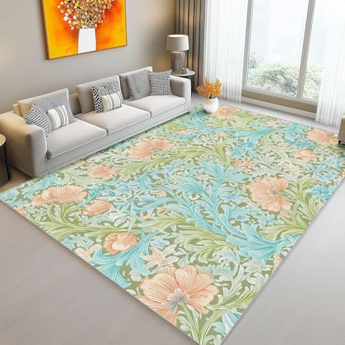 AUWUUA William Morris Blumenteppich, 40 x 60 cm, Vintage, Retro, Boho, botanische Blumen, waschbar, rutschfest, niedriger Flor, für den Innenbereich, für Eingangsbereich und Küche, Grün/Beige von AUWUUA